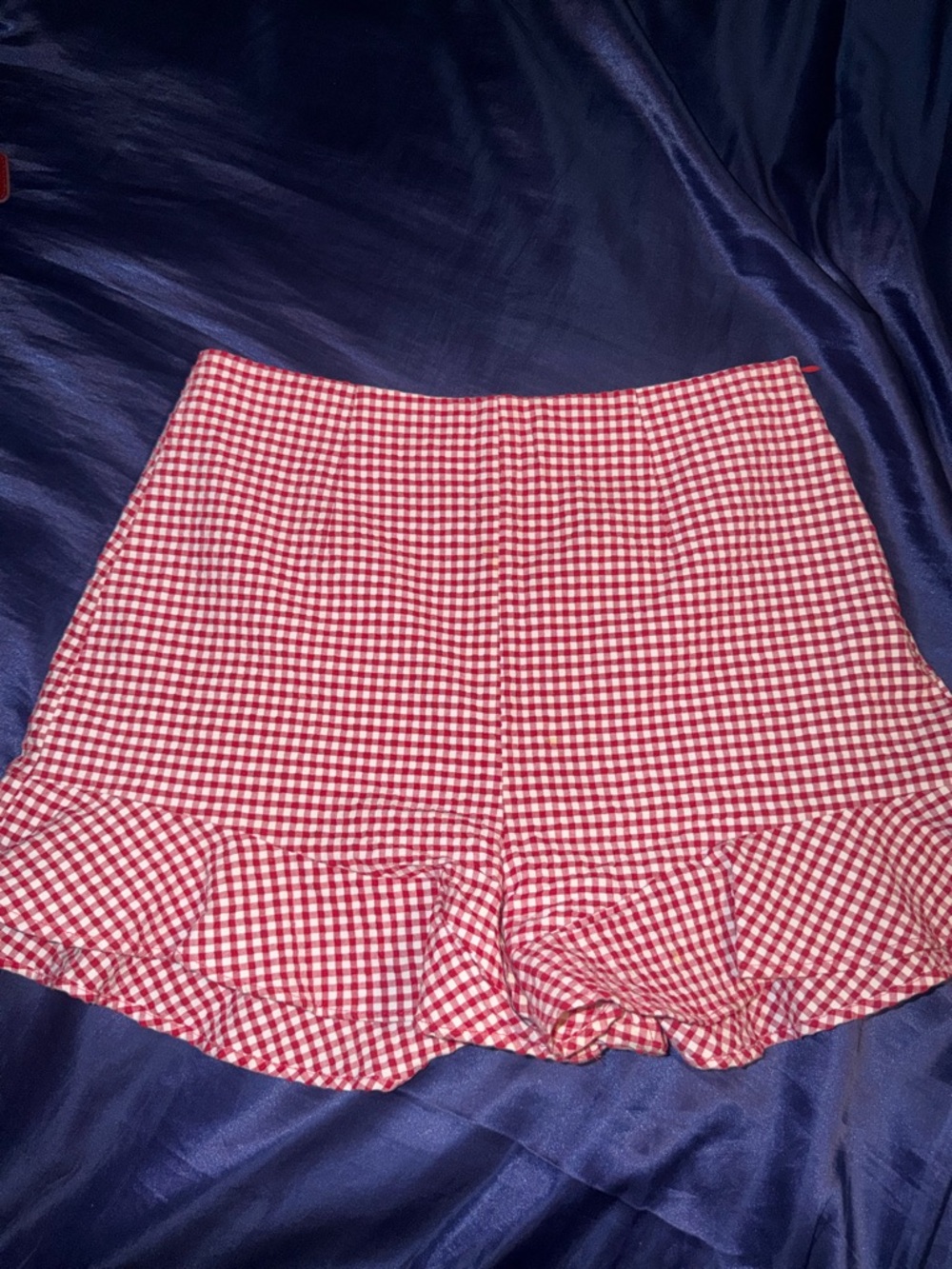 Zara Red and White Gingham High-Waist Ruffle Hem Shorts